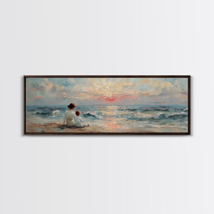 Mother And Child Watching Ocean Sunset Wall Art, Coastal Nursery Decor, Beach House Art, Seascape Painting, Gift For Mom