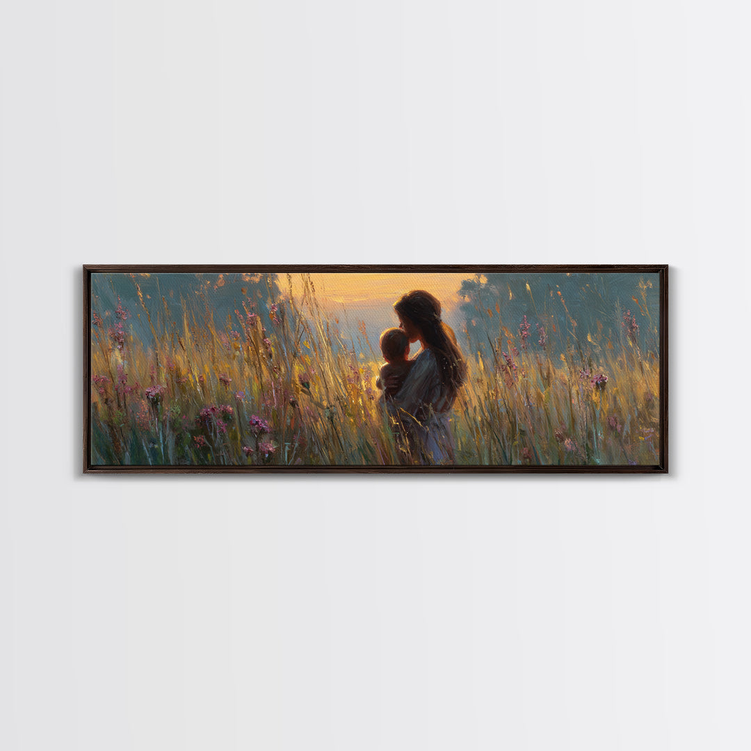 Golden Meadow Mother And Baby Wall Art, Impressionist Wildflower Nursery Decor, Feminine Landscape Canvas Gift For New Mom