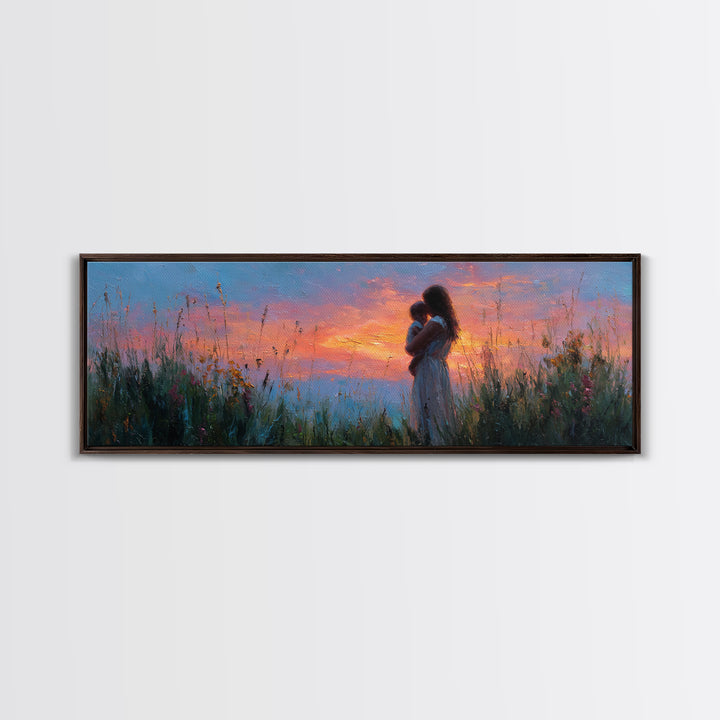 Twilight Meadow Mother And Baby Wall Art, Pink Sunset Wildflower Landscape, Romantic Motherhood Canvas Print For Bedroom