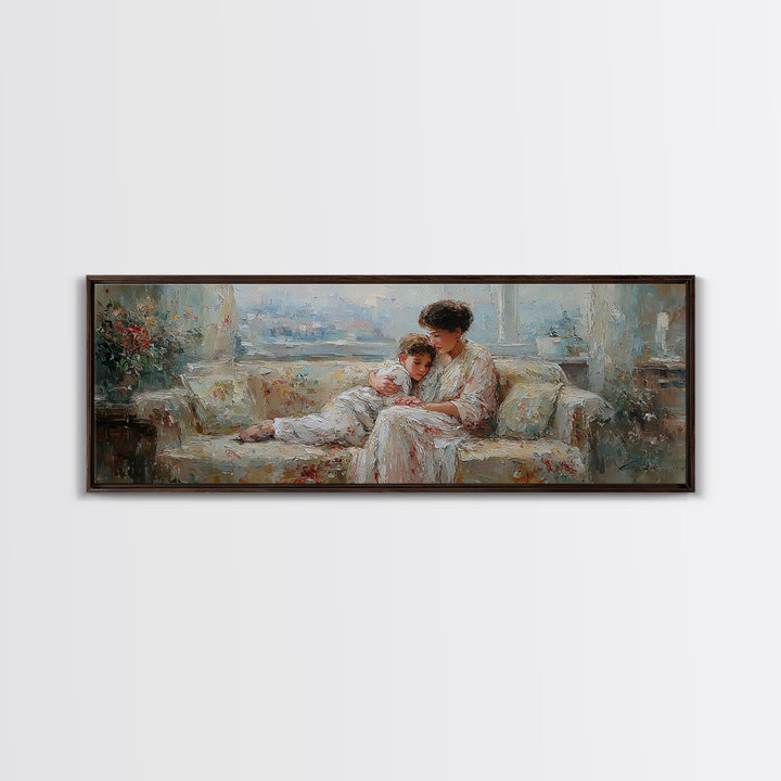 Mother And Child On Floral Sofa Framed Canvas Print, Impressionist Nursery Decor, Feminine Bedroom Wall Art, Gift For Her