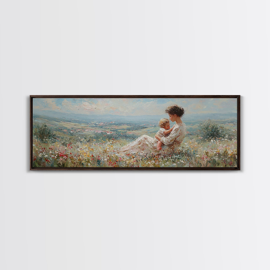 Mother Holding Baby In Sunlit Meadow Canvas Print, Panoramic Landscape Wall Art, Floral Nursery Decor, Housewarming Gift