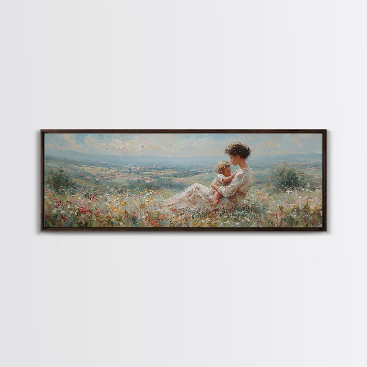 Mother Holding Baby In Sunlit Meadow Canvas Print, Panoramic Landscape Wall Art, Floral Nursery Decor, Housewarming Gift