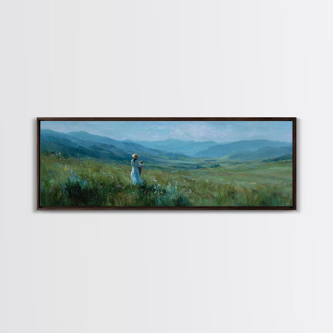 Mother And Child Over Mountain Valley Framed Canvas Print, Panoramic Landscape Wall Art, Blue Green Nature Decor Gift For Her