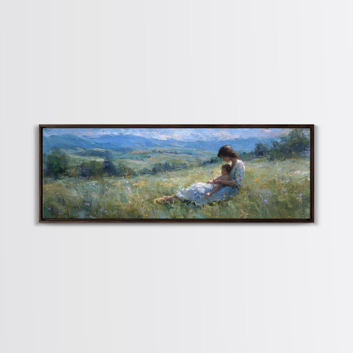 Mother And Child In Blue Mountain Meadow Canvas Print, Impressionist Landscape Wall Art, Peaceful Bedroom Decor, Gift For Her