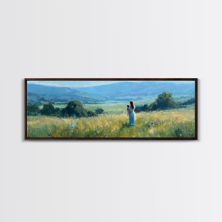 Mother Holding Child In Golden Meadow Wall Art, Panoramic Blue Mountain Canvas Print, Nature Nursery Decor, Housewarming Gift