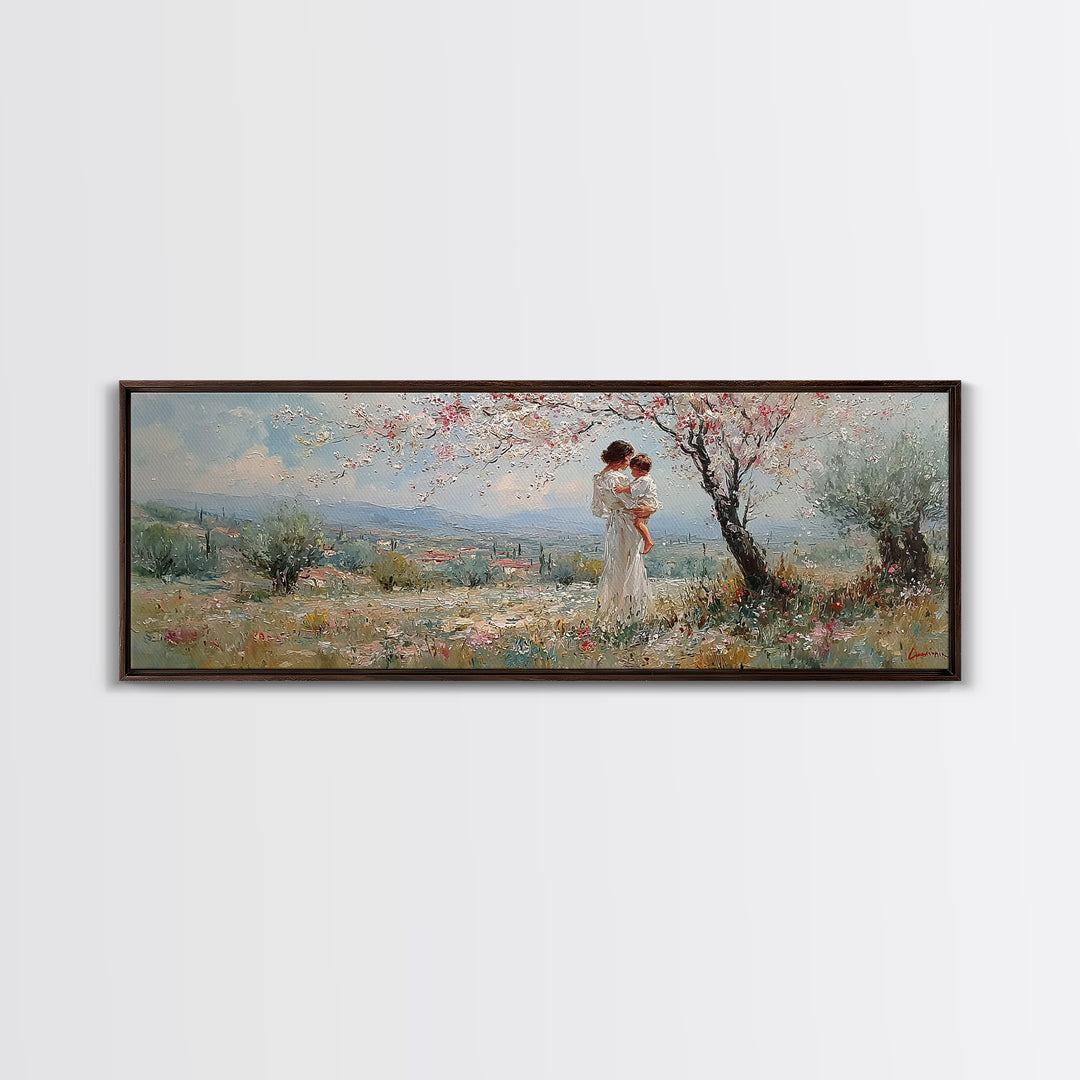 Mother And Baby Under Blossoming Tree Framed Canvas Print, Impressionist Spring Landscape Wall Decor, Nursery Art Gift For Her