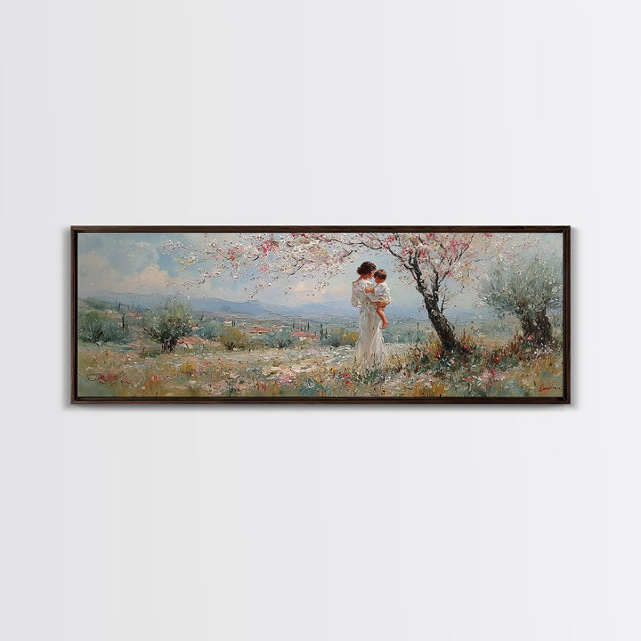 Mother And Baby Under Blossoming Tree Framed Canvas Print, Impressionist Spring Landscape Wall Decor, Nursery Art Gift For Her