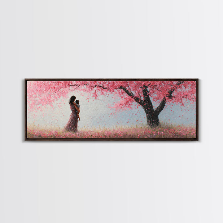 Mother And Infant Beneath Pink Cherry Blossoms Wall Art, Romantic Spring Nursery Decor, Feminine Canvas Art Gift For Her