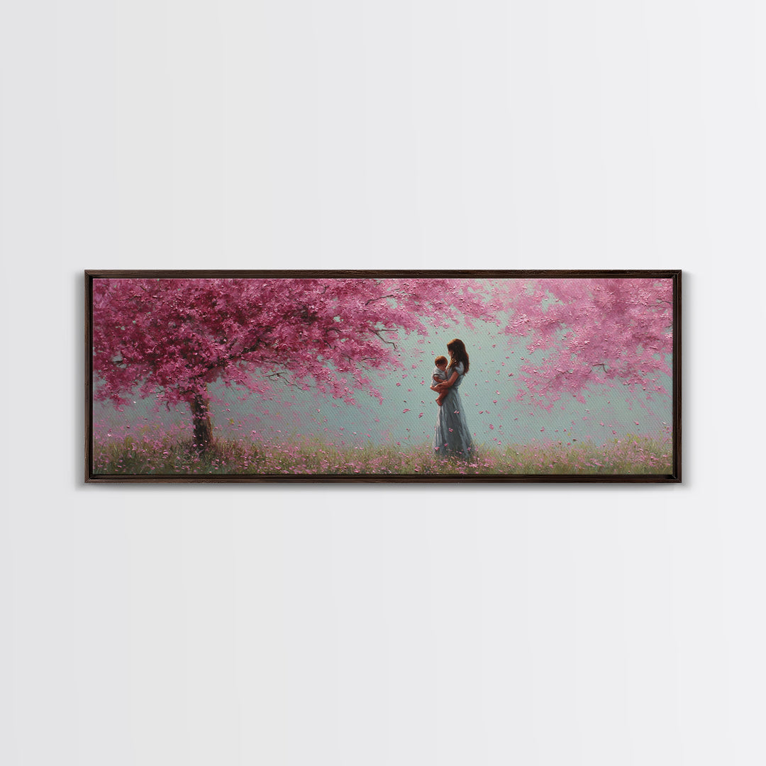 Mother Holding Baby In Pink Blossom Grove Framed Canvas Print, Pastel Nursery Wall Art, Cherry Blossom Home Decor Gift For Mom