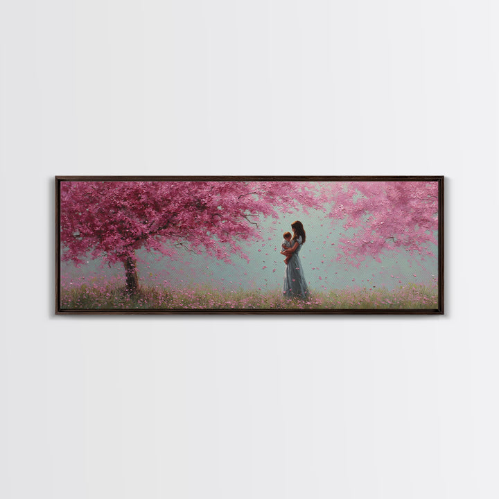 Mother Holding Baby In Pink Blossom Grove Framed Canvas Print, Pastel Nursery Wall Art, Cherry Blossom Home Decor Gift For Mom