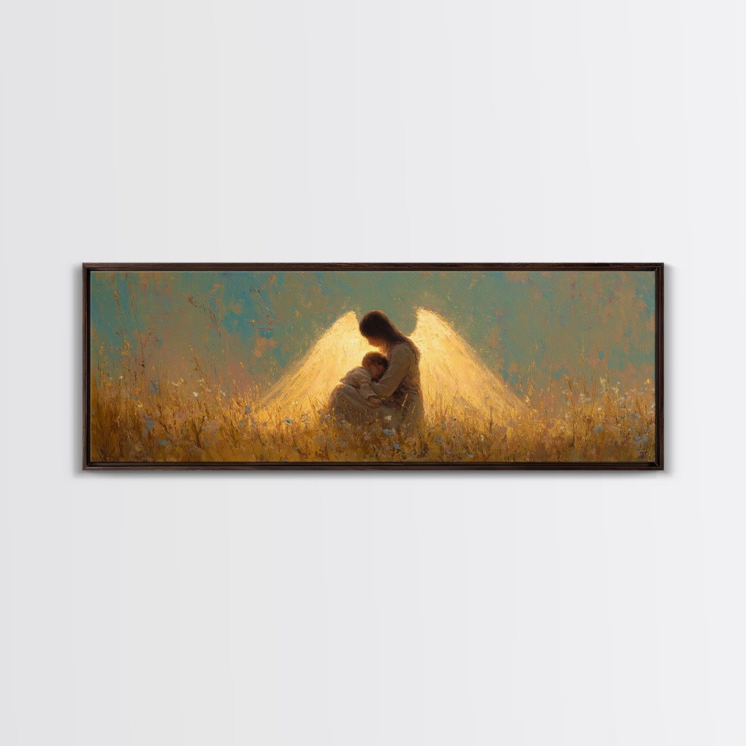 Golden Guardian Angel Embracing Child Canvas Print, Spiritual Wall Art, Christian Nursery Home Decor, Sympathy Gift For Mom