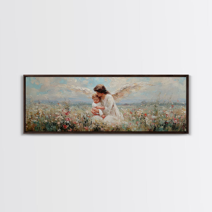 White Winged Angel Holding Baby In Meadow Canvas Print, Christian Wall Art, Spiritual Nursery Decor, Guardian Angel Gift
