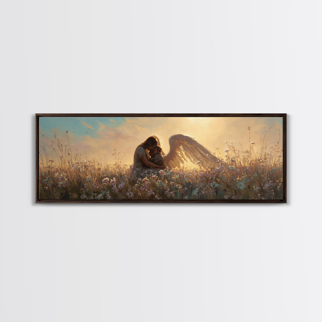 Sunset Guardian Angel Cuddling Child Wall Art, Golden Wildflower Meadow Canvas Print, Christian Nursery Decor Gift For Mom