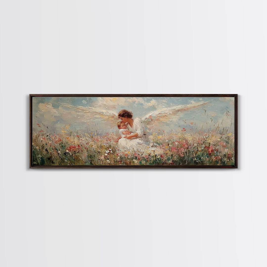 Curly Haired Angel Holding Baby In Flowers Canvas Print, Christian Wall Art, Spiritual Nursery Decor, Baptism Gift For Baby