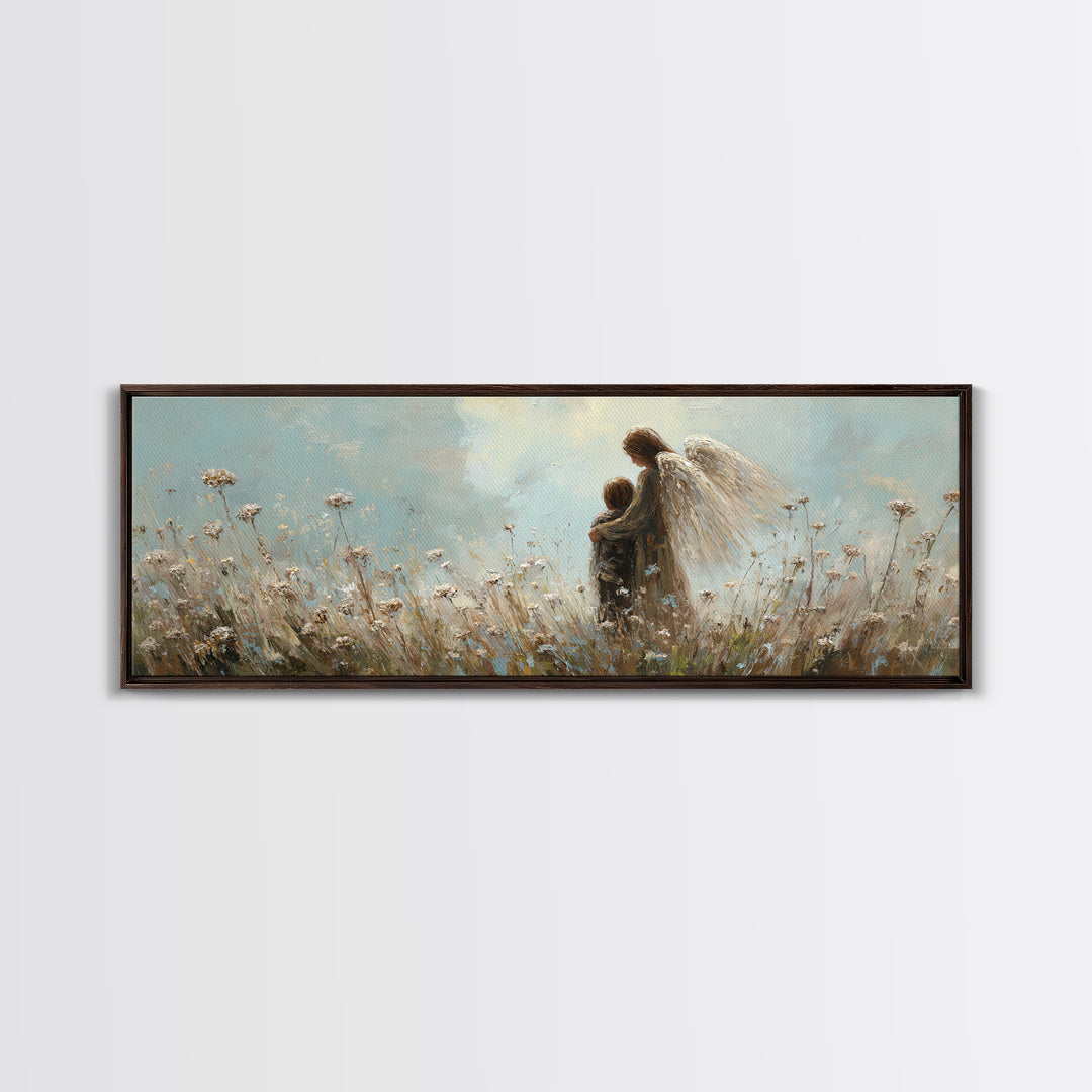 Guardian Angel Walking With Child In Meadow Wall Art, Soft Blue Wildflower Canvas Print, Christian Nursery Decor Gift For Mom