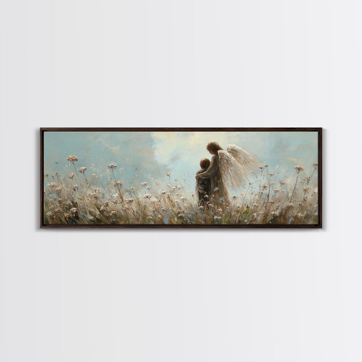 Guardian Angel Walking With Child In Meadow Wall Art, Soft Blue Wildflower Canvas Print, Christian Nursery Decor Gift For Mom
