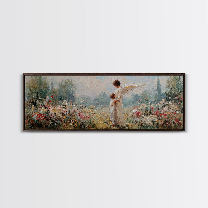Guardian Angel With Child Framed Canvas Print, Spiritual Wall Art, Nursery Decor, Christian Gift, Wildflower Landscape Art