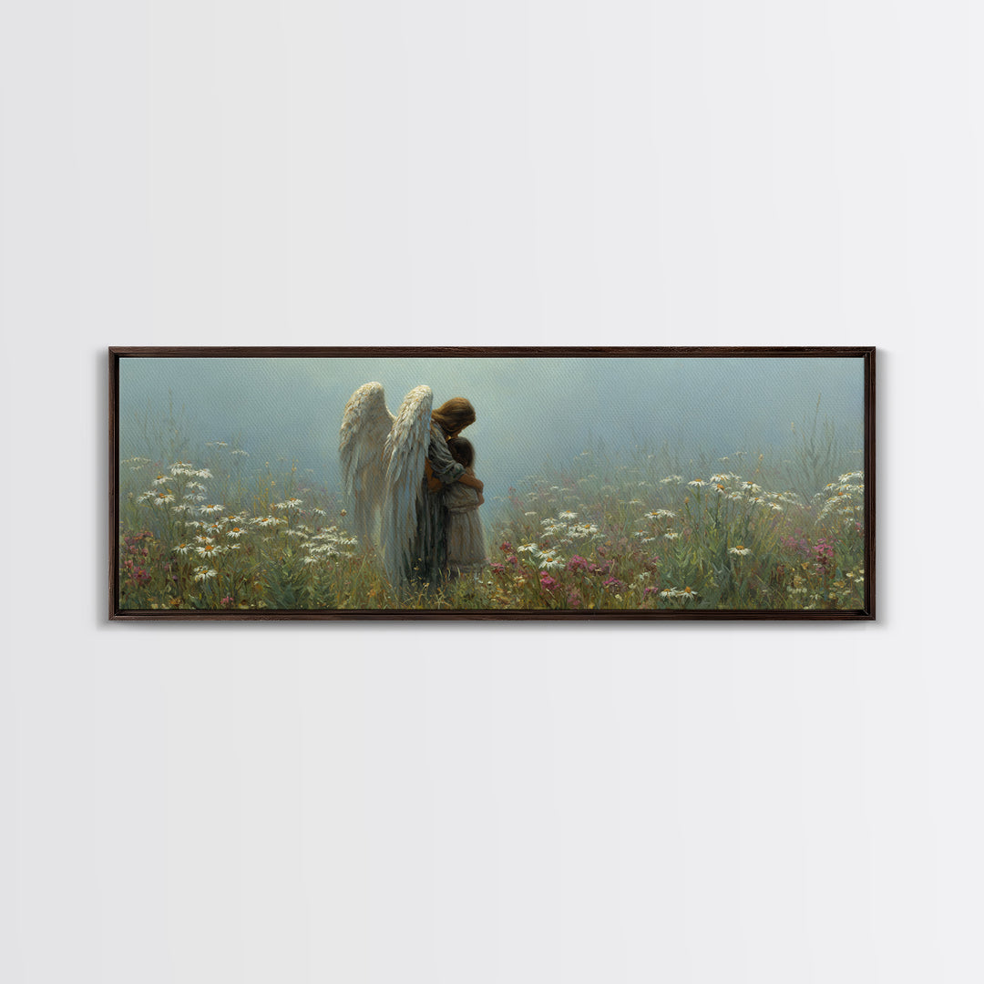 Angel And Little Girl Meadow Wall Art, Christian Nursery Decor, Spiritual Canvas Art, Wildflower Landscape, Calming Gift