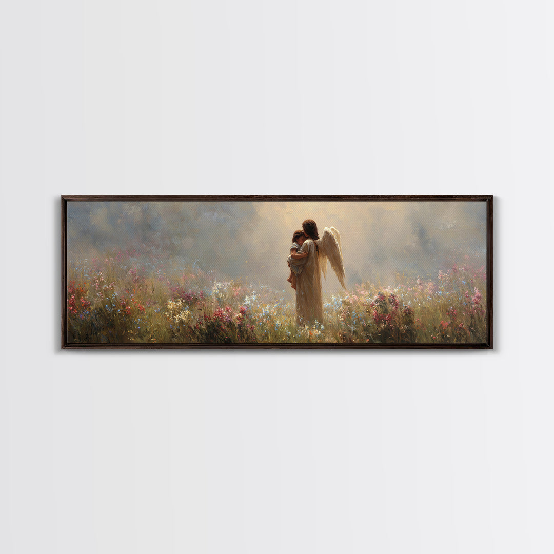 Angel Mother And Baby Framed Canvas Print, Christian Wall Art, Nursery Decor, Wildflower Meadow, Spiritual Art Gift For Her