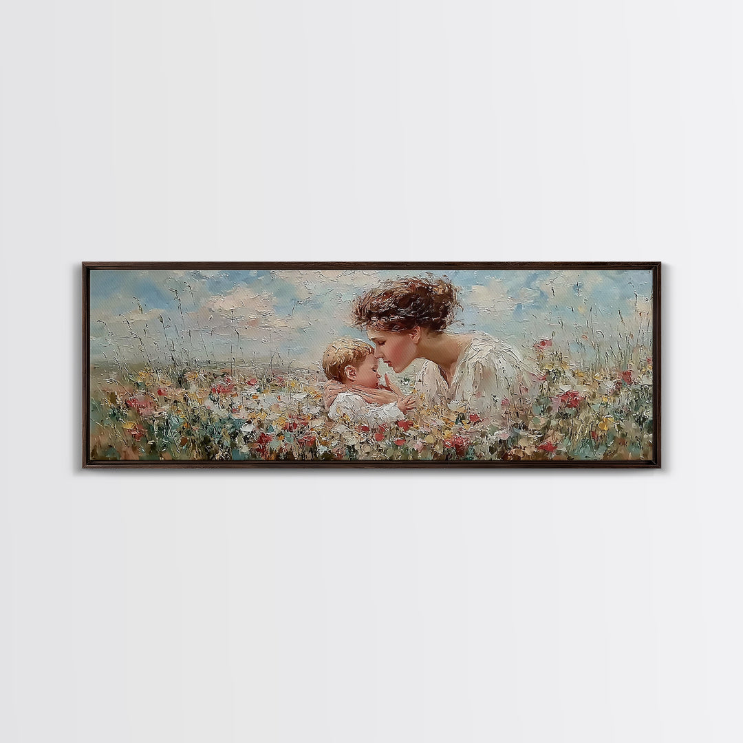 Angel Mother Kissing Baby Framed Canvas Print, Christian Nursery Wall Art, Wildflower Meadow Decor, Gift For Mom, Spiritual Art