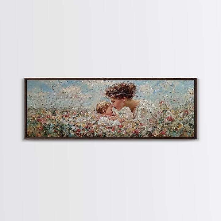 Angel Mother Kissing Baby Framed Canvas Print, Christian Nursery Wall Art, Wildflower Meadow Decor, Gift For Mom, Spiritual Art