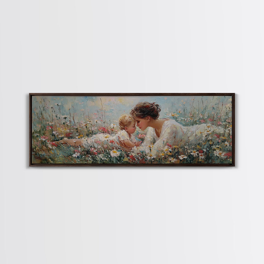 Mother And Baby In Wildflowers Canvas Print, Tender Nursery Wall Art, Christian Decor, Floral Meadow, Gift For Her, Home Decor
