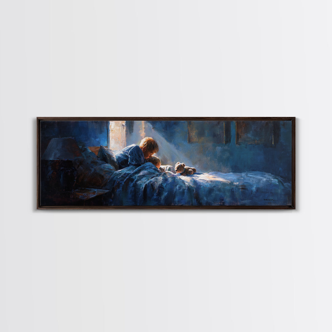 Mother Reading To Child In Blue Bedroom Wall Art, Moody Impressionist Bedtime Print, Cozy Nursery Decor, Above Bed Gift For Mom