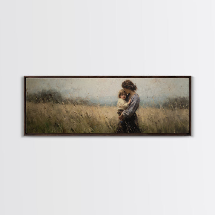 Tender Mother And Child In Wheat Field Canvas Print, Moody Impressionist Wall Art, Neutral Nursery Decor, Gift For Mom, Living Room Art