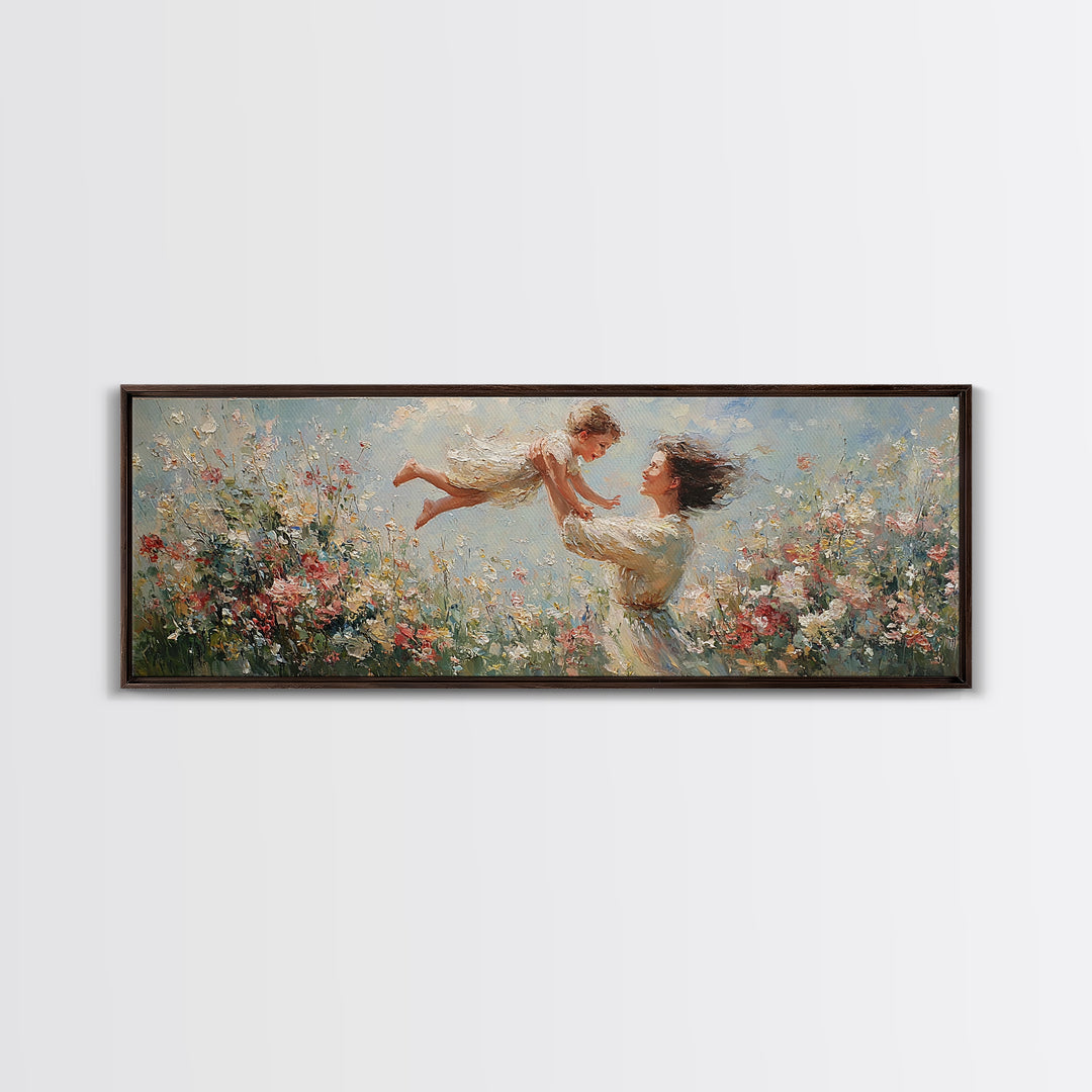 Mother Lifting Child Over Blooming Meadow Framed Canvas Print, Impressionist Floral Wall Art, Nursery Decor Gift For Mom