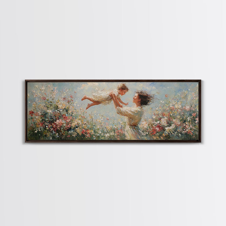 Mother Lifting Child Over Blooming Meadow Framed Canvas Print, Impressionist Floral Wall Art, Nursery Decor Gift For Mom
