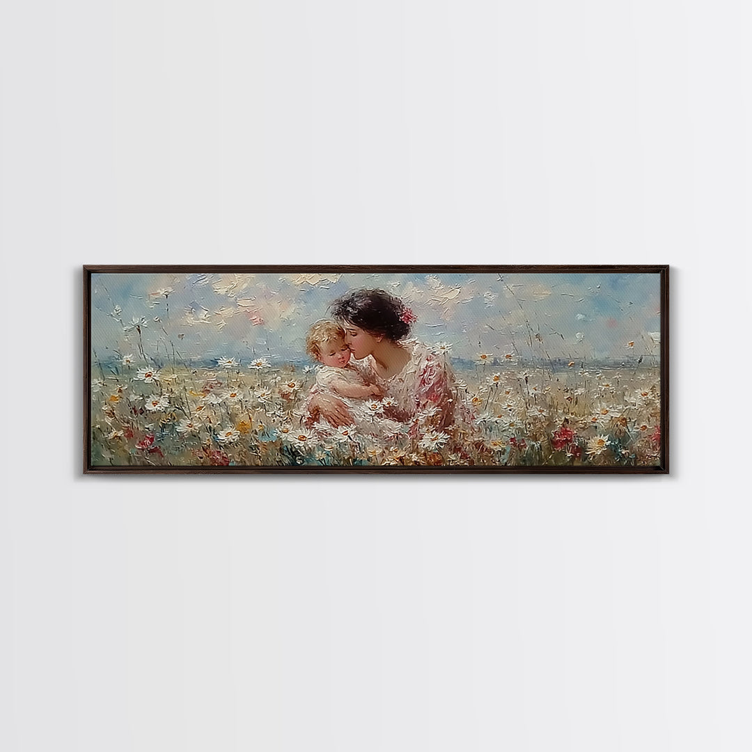 Tender Mother And Child Embrace In Daisy Field Framed Canvas Print, Floral Wall Art, Feminine Nursery Decor Gift For Her