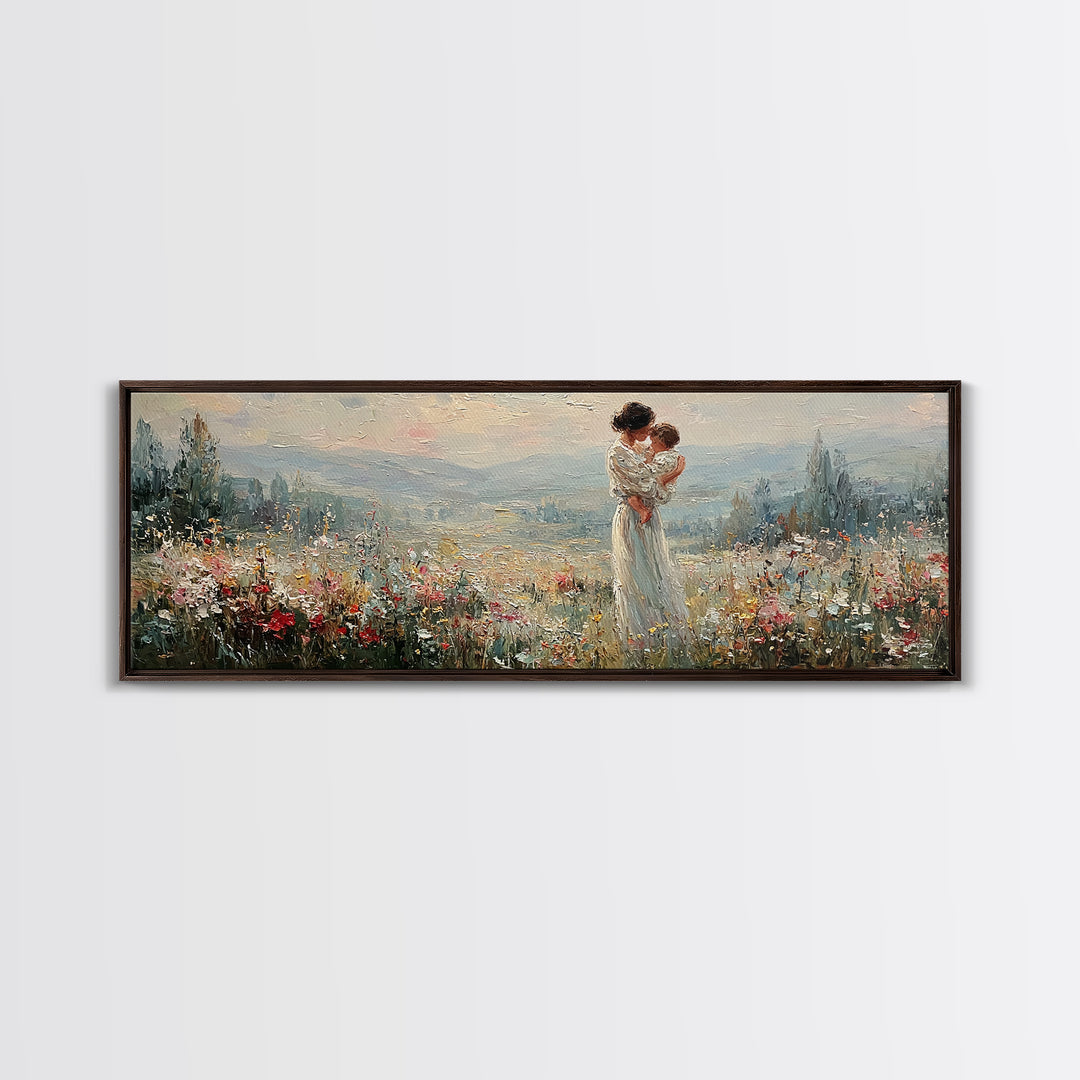 Mother Holding Infant Above Misty Floral Valley Canvas Print, Landscape Wall Art, Romantic Bedroom Decor Housewarming Gift
