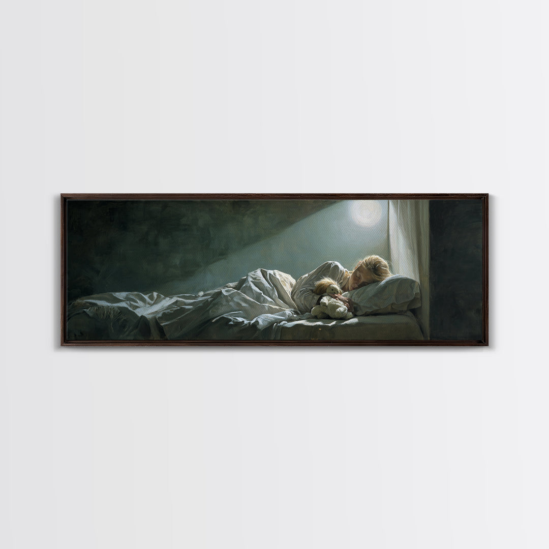 Moonlit Mother And Child Sleeping Beside Teddy Bear Canvas Print, Calming Wall Art, Nursery Bedroom Decor Gift For New Mom