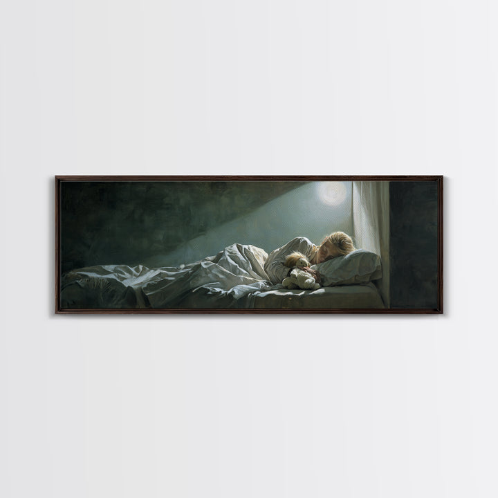 Moonlit Mother And Child Sleeping Beside Teddy Bear Canvas Print, Calming Wall Art, Nursery Bedroom Decor Gift For New Mom
