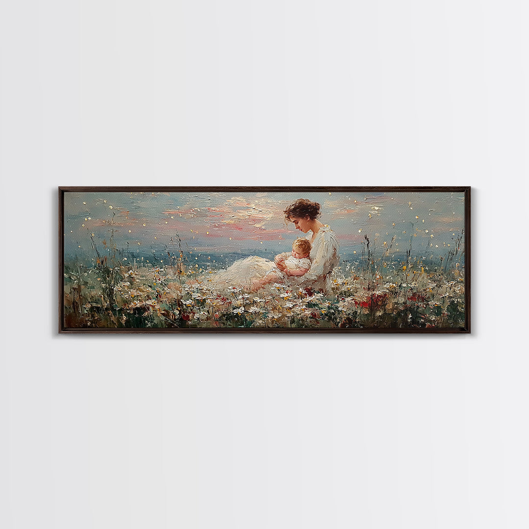 Mother And Baby Wildflower Meadow Wall Art, Angelic Nursery Decor, Feminine Fine Art Print, Gift For Mom, Living Room Decor