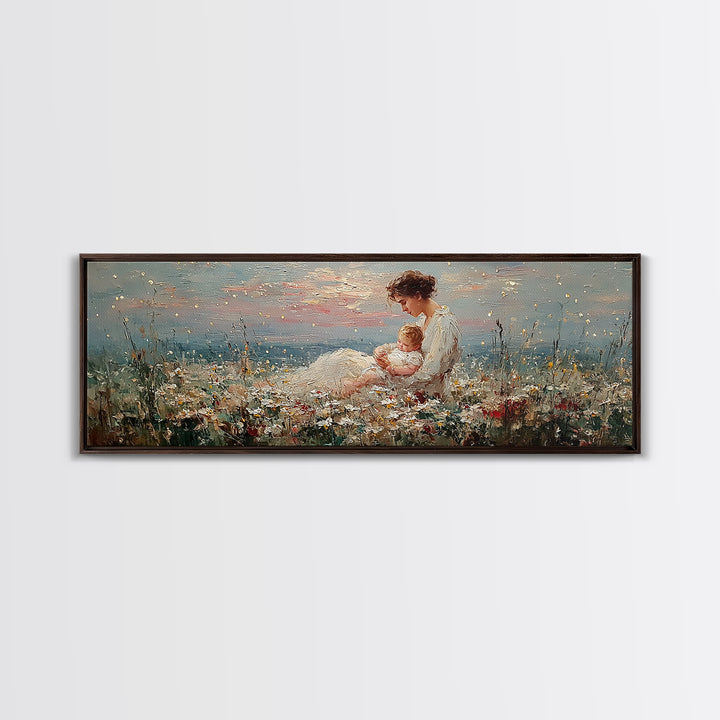 Mother And Baby Wildflower Meadow Wall Art, Angelic Nursery Decor, Feminine Fine Art Print, Gift For Mom, Living Room Decor