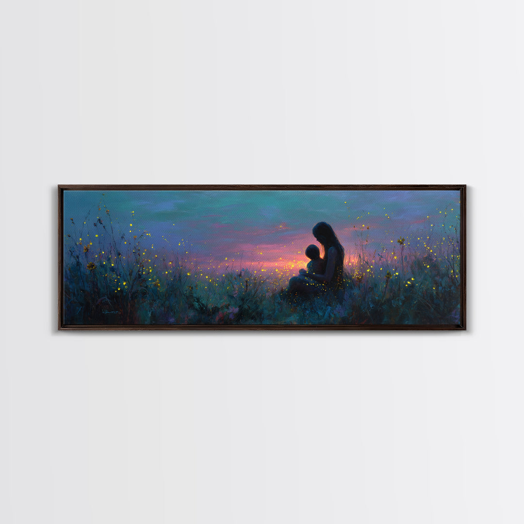 Mother And Child Twilight Meadow Canvas Print, Celestial Firefly Wall Decor, Boho Nursery Art, Gift For Mom, Bedroom Decor