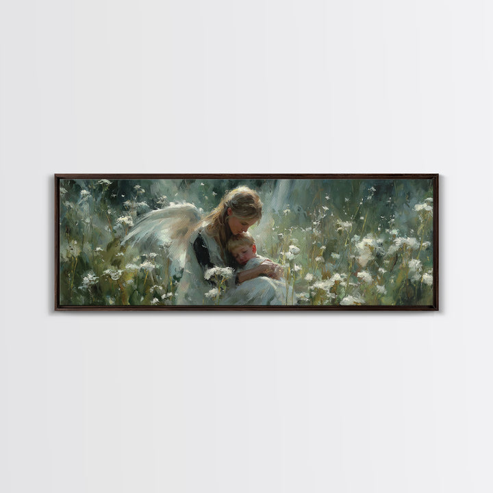 Blonde Guardian Angel With Baby Wall Art, Serene Wildflower Meadow Canvas Print, Christian Nursery Decor, Gift For Her, Home Decor