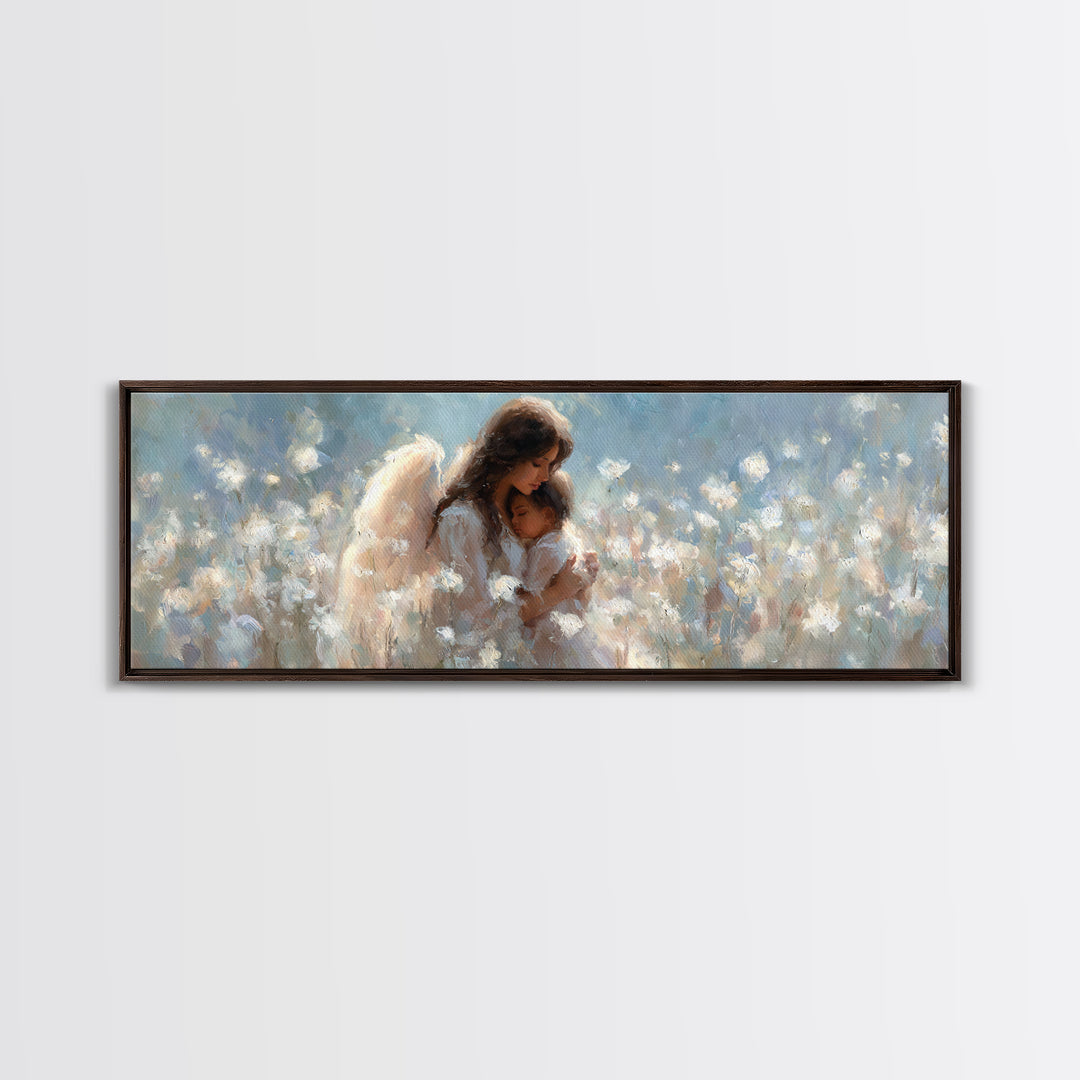 Angel Mother And Child In White Flowers Canvas Print, Dreamy Nursery Wall Art, Christian Home Decor, Gift For Mom, Fine Art