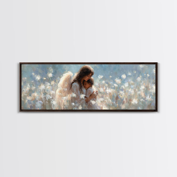 Angel Mother And Child In White Flowers Canvas Print, Dreamy Nursery Wall Art, Christian Home Decor, Gift For Mom, Fine Art
