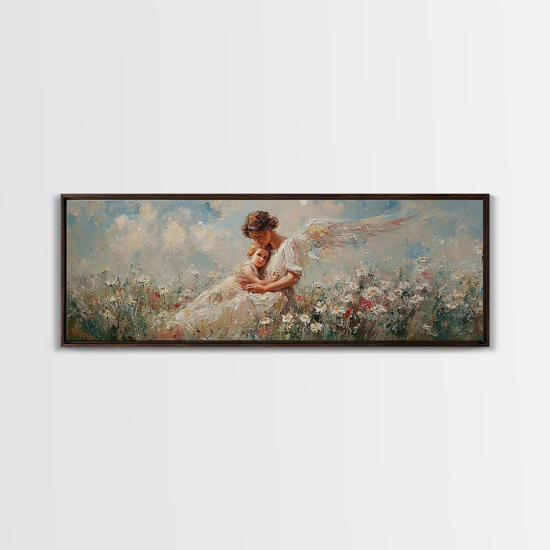 Mother Angel Holding Baby In Wildflowers Wall Art, Soft Pastel Canvas Print, Christian Nursery Decor, Gift For Mom, Home Decor