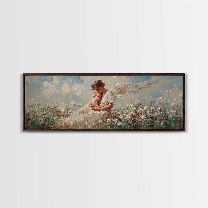 Mother Angel Holding Baby In Wildflowers Wall Art, Soft Pastel Canvas Print, Christian Nursery Decor, Gift For Mom, Home Decor