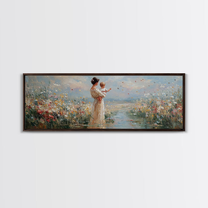 Mother Holding Baby By The Sea Wall Art, Wildflower Coastal Landscape Canvas Print, Nursery Decor, Gift For Mom, Fine Art