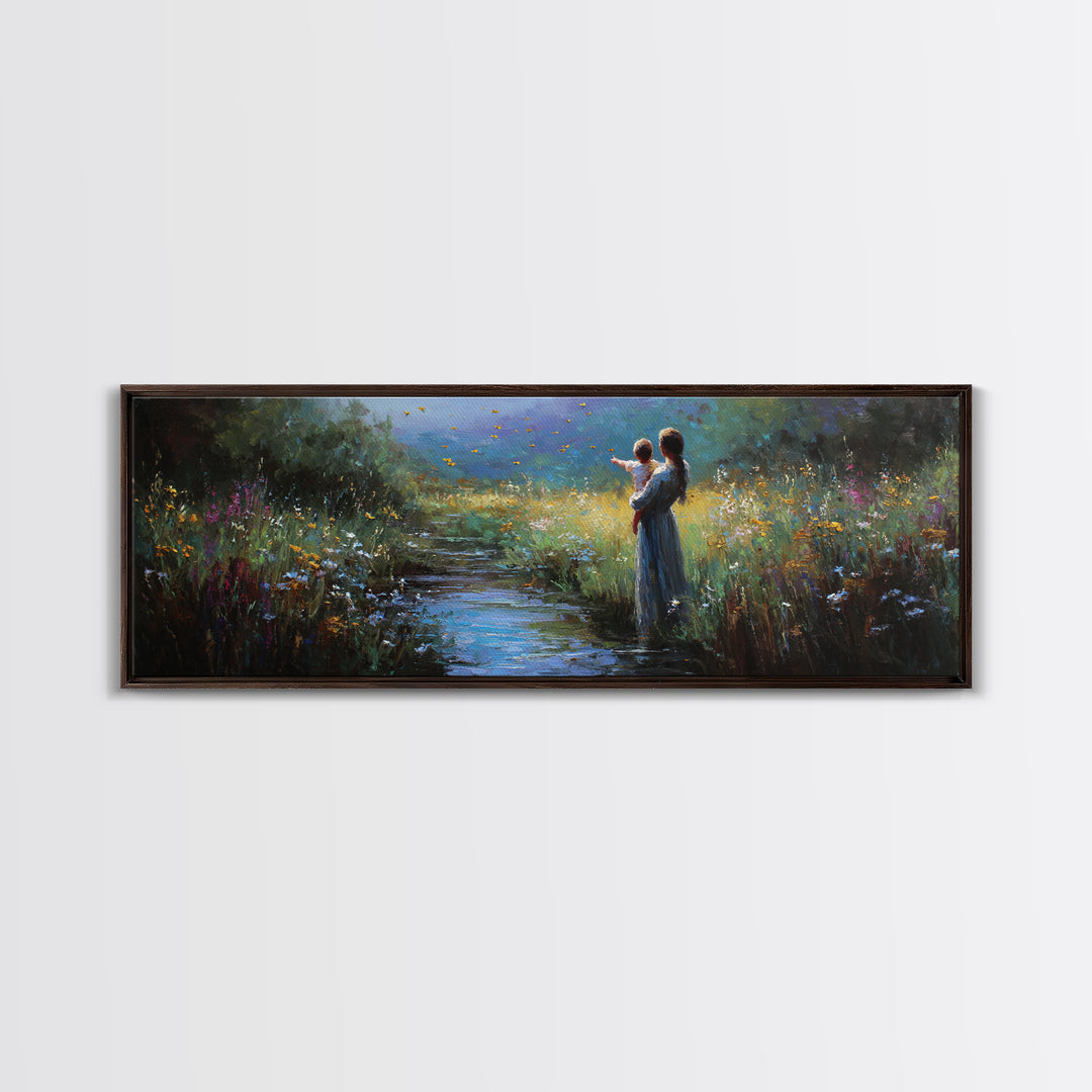 Mother And Child Beside Moonlit Stream Wall Art, Firefly Meadow Canvas Print, Spiritual Nursery Decor, Gift For Mom, Home Decor