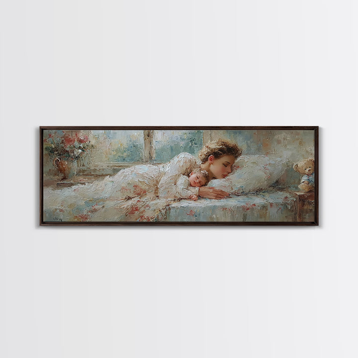 Sleeping Mother And Baby In Soft Light Wall Art, Tender Nursery Decor, Bedroom Canvas, Gift For Mom, Motherhood Art Print