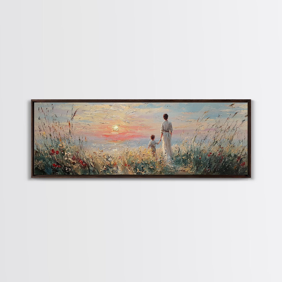 Mother And Child By Sunset Sea Canvas Print, Coastal Wall Art, Living Room Decor, Gift For Mom, Serene Beach Home Decor Prints