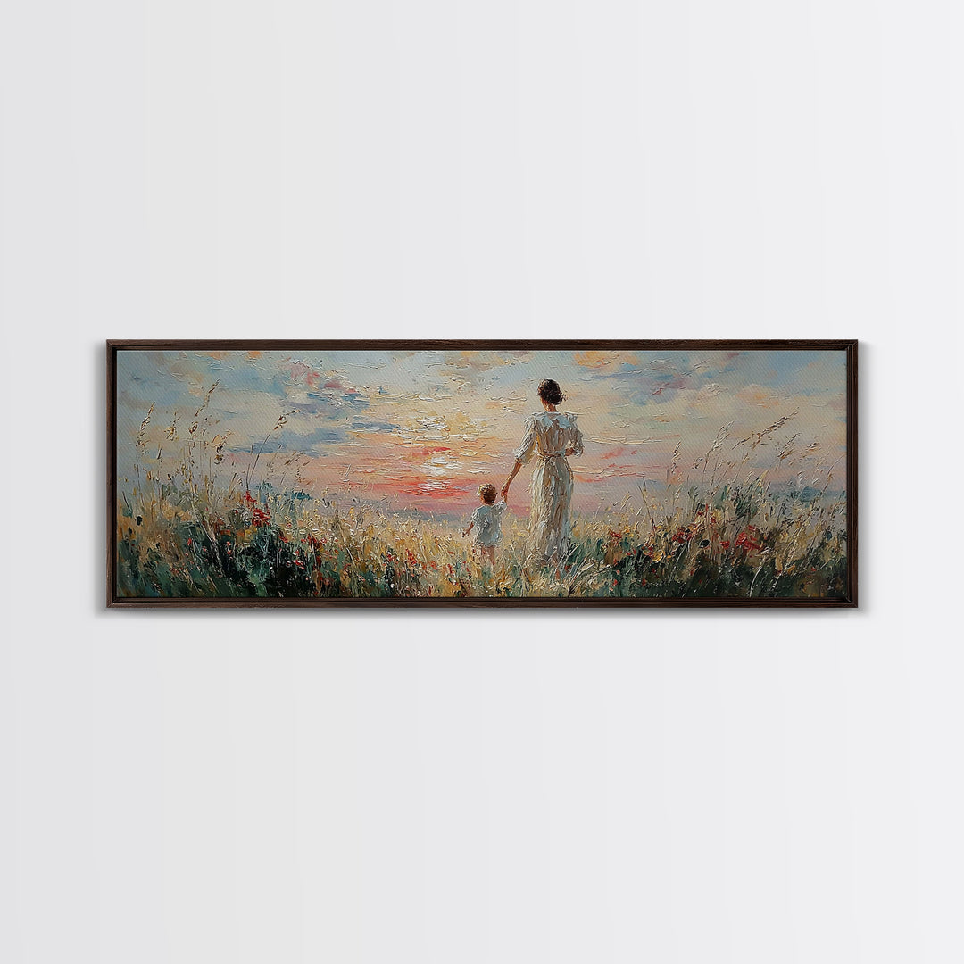 Mother And Child Walking Through Coastal Flowers Framed Canvas Print, Beach House Decor, Living Room Wall Art, Gift For Mom