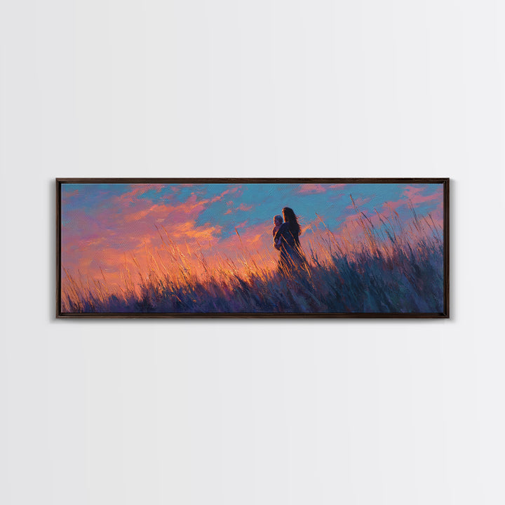 Mother Holding Baby In Purple Sunset Meadow Canvas Print, Romantic Wall Art, Moody Bedroom Decor, Gift For Her, Nursery Art