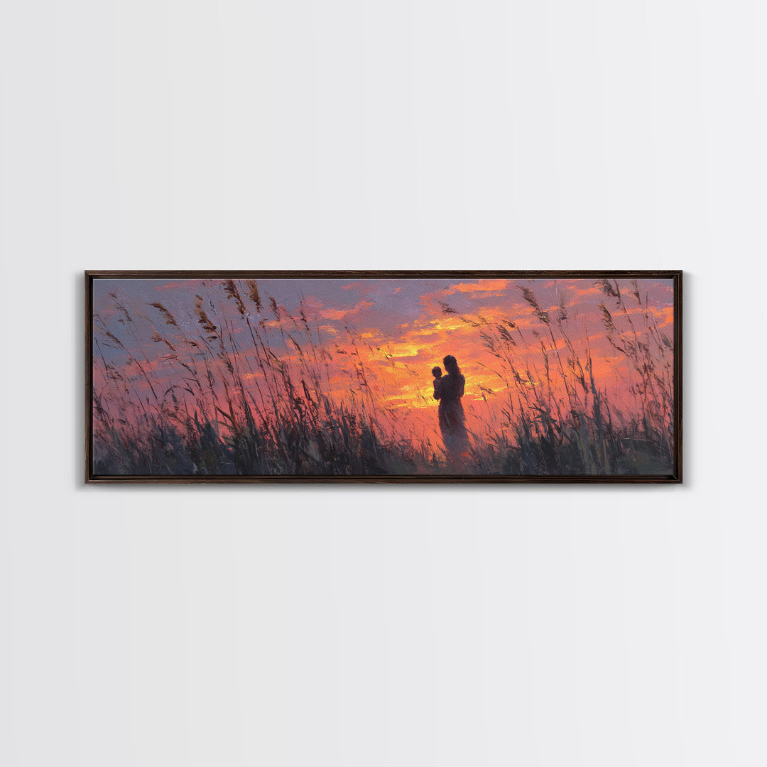 Mother Holding Baby At Rose Sunset Framed Canvas Print, Romantic Nursery Wall Art, Calming Bedroom Decor, Gift For Her And Mom