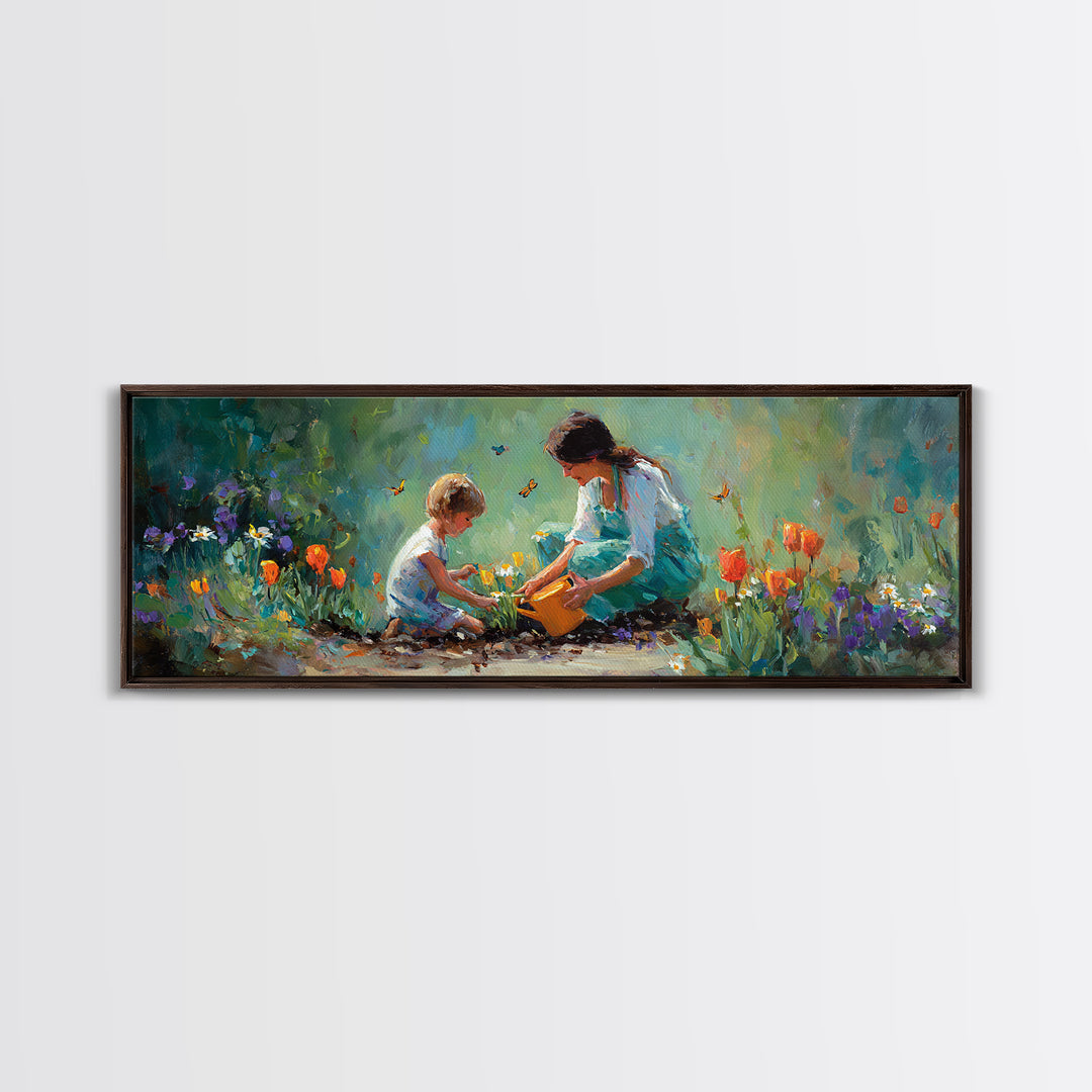 Mother And Child Planting Tulips Canvas Print, Whimsical Garden Wall Art, Floral Nursery Decor, Gift For Mom Cozy Home Decor